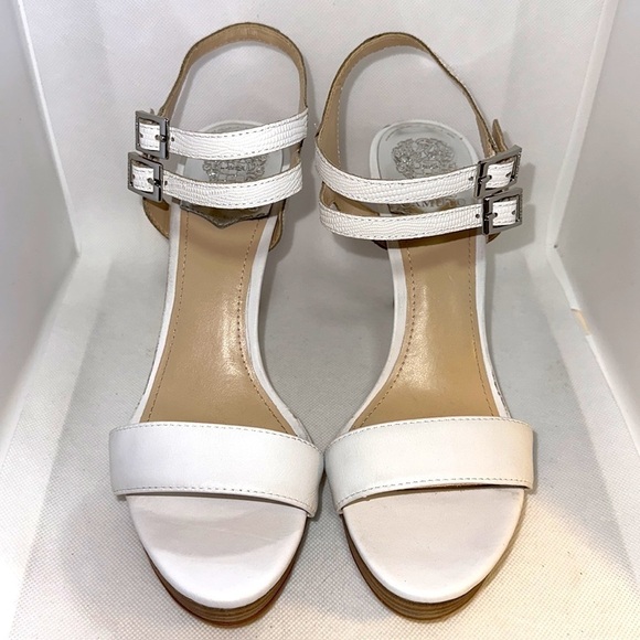 Vince Camuto Strappy White Stilettos with Stacked Wood Heel Sz 9.5 - EUC - Picture 7 of 13